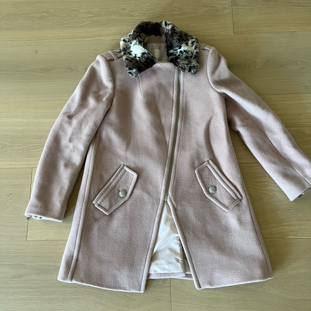 Rebecca Taylor Wool Coat with Faux Fur Leo Collar in dusty rose size 6